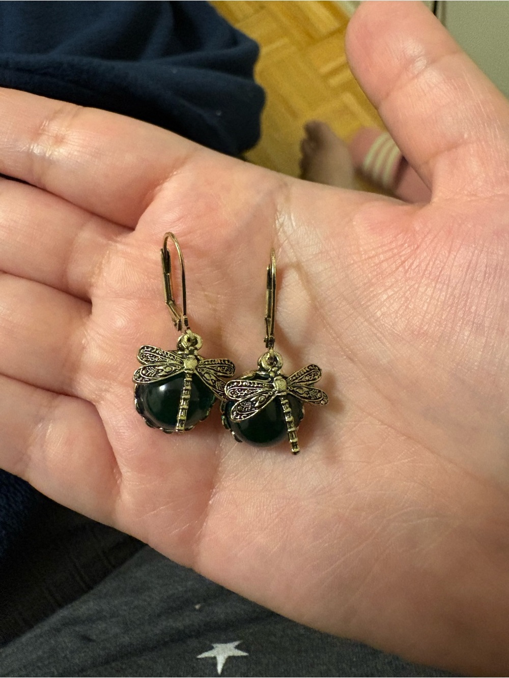Vintage-Inspired Dragonfly Drop Earrings with Dark Green Beads